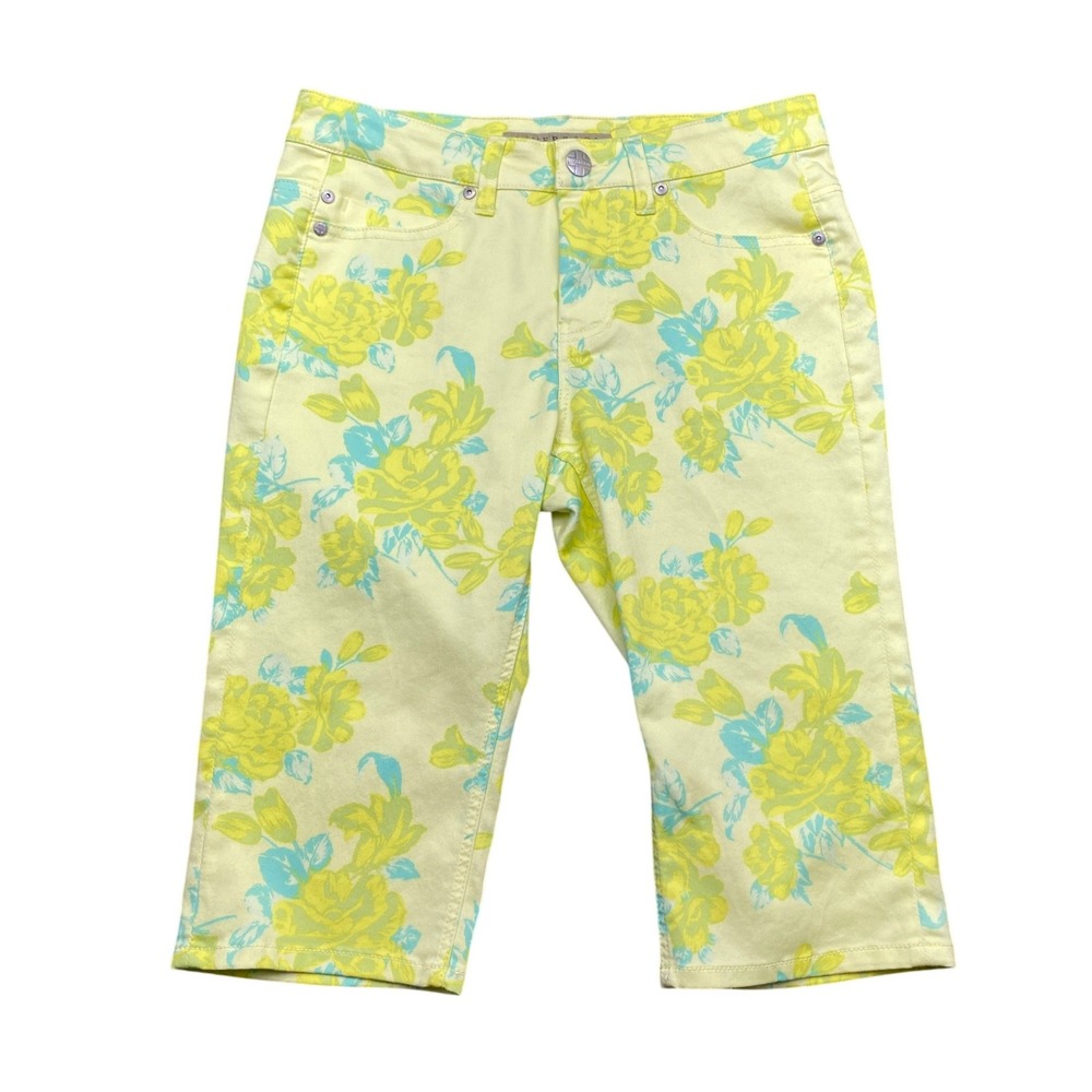 Liverpool Jeans Co Yellow Floral Crop Pants Size 6 Lemon Creme Boho Tropical